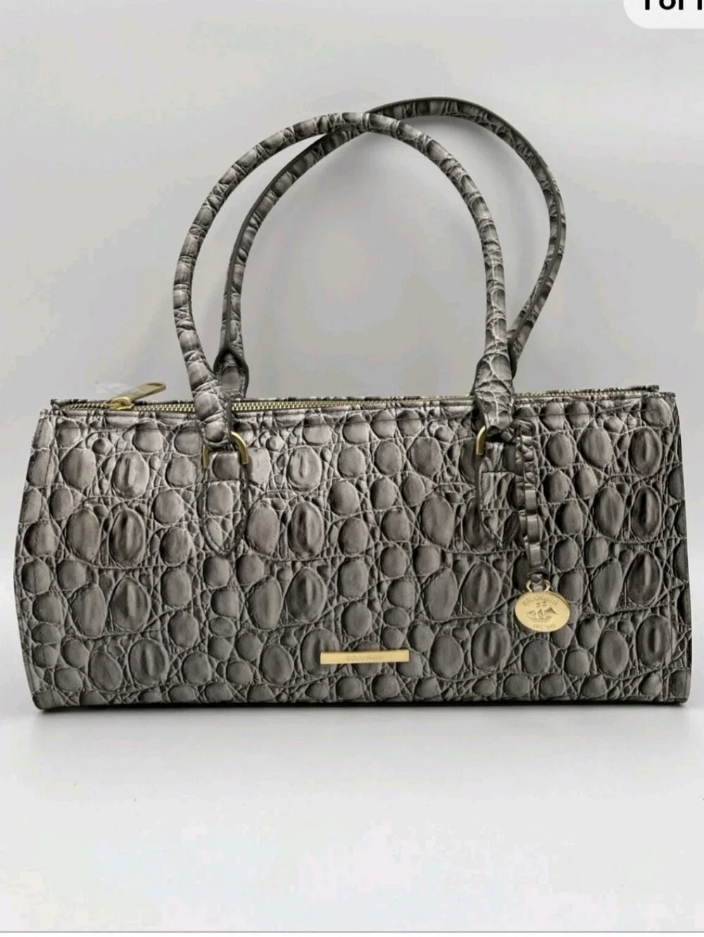 Brahmin Croc-Embossed Dove Gray Handbag